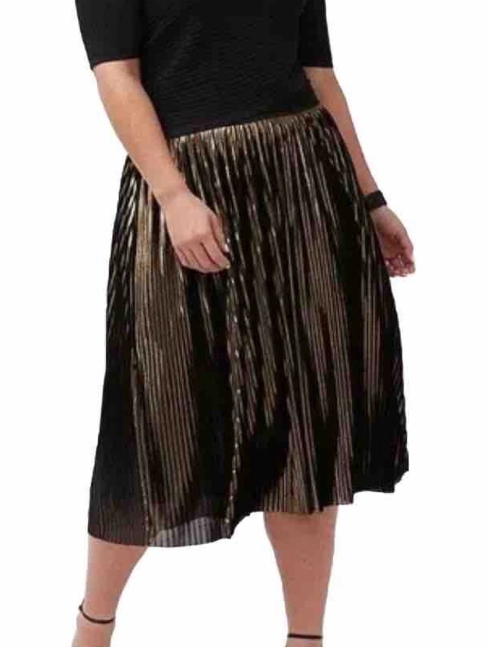 Lane Bryant Midi Skirt Black & Metallic Gold Pleated 26/28 NWT